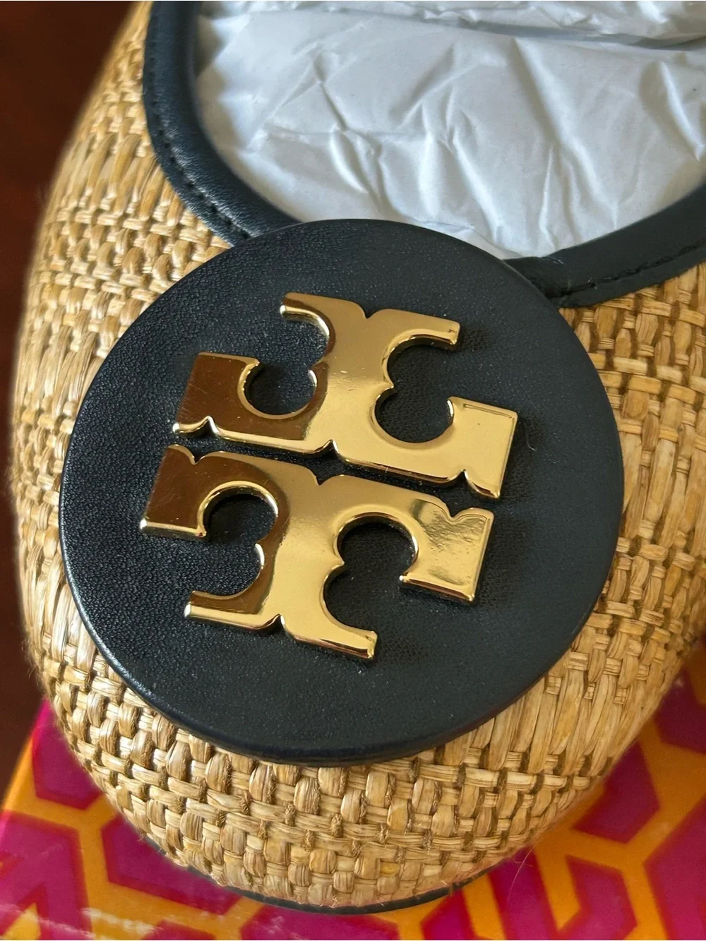 Tory Burch Natural Straw Flats with Black Trim & Gold Logo
